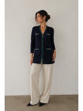 ARA Golf Cardigan Sweater Women’s 12/ EU 40 Navy Green Trim Full Zip Wool Blend
